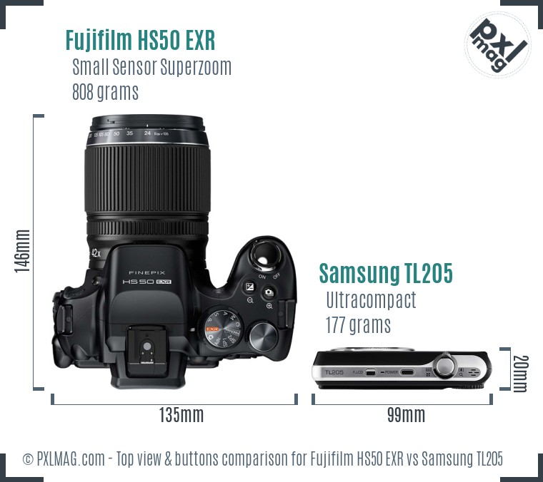 Fujifilm HS50 EXR vs Samsung TL205 top view buttons comparison