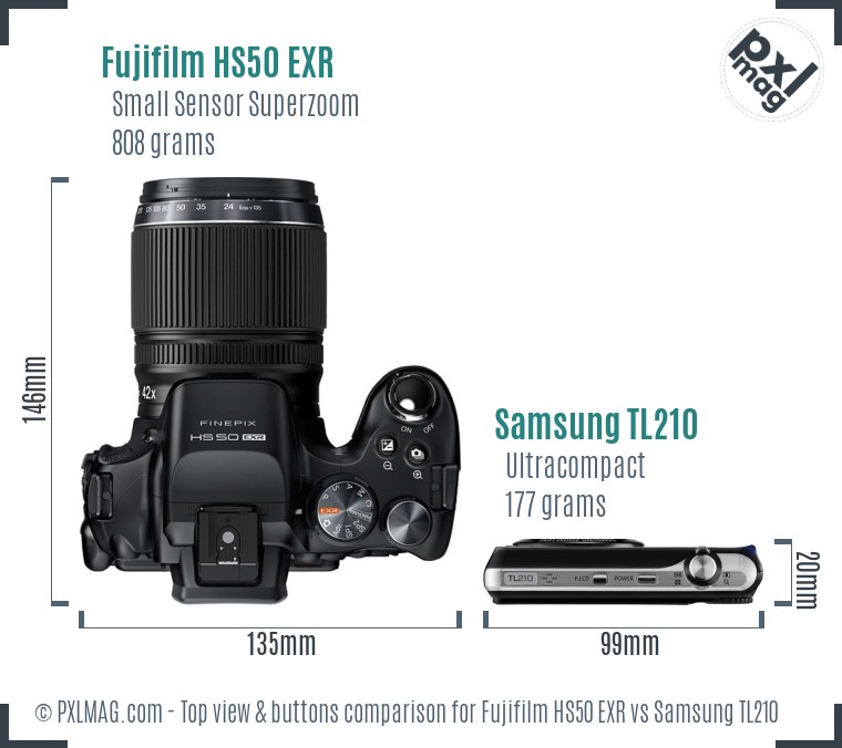 Fujifilm HS50 EXR vs Samsung TL210 top view buttons comparison