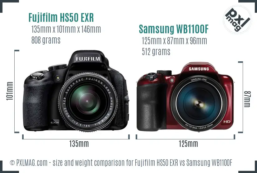 Fujifilm HS50 EXR vs Samsung WB1100F size comparison