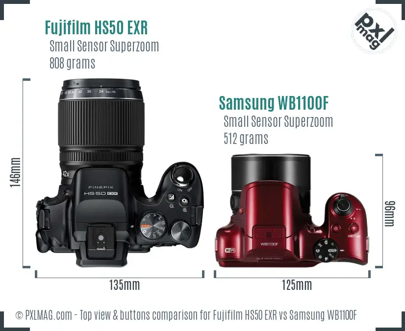 Fujifilm HS50 EXR vs Samsung WB1100F top view buttons comparison