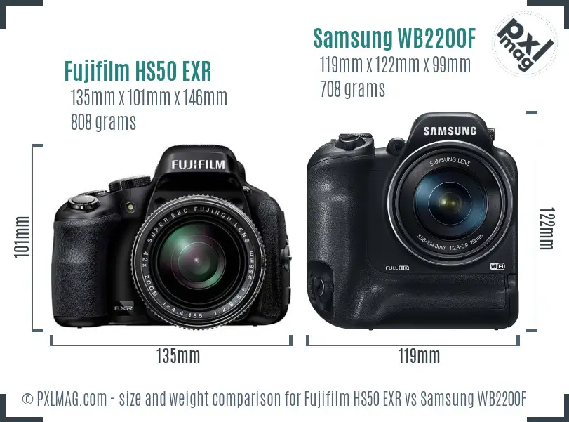 Fujifilm HS50 EXR vs Samsung WB2200F size comparison