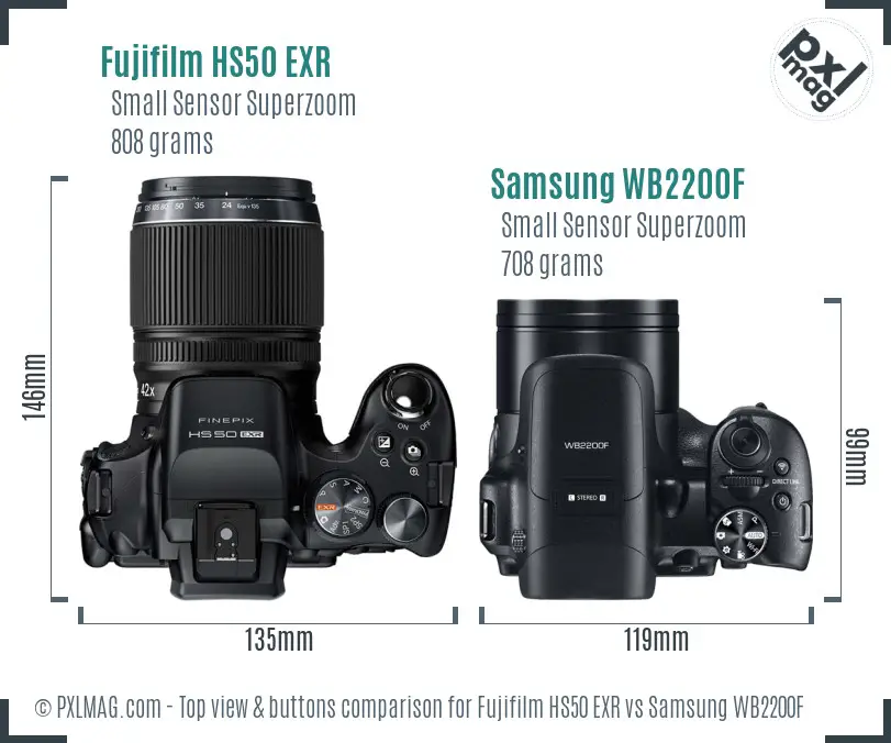 Fujifilm HS50 EXR vs Samsung WB2200F top view buttons comparison