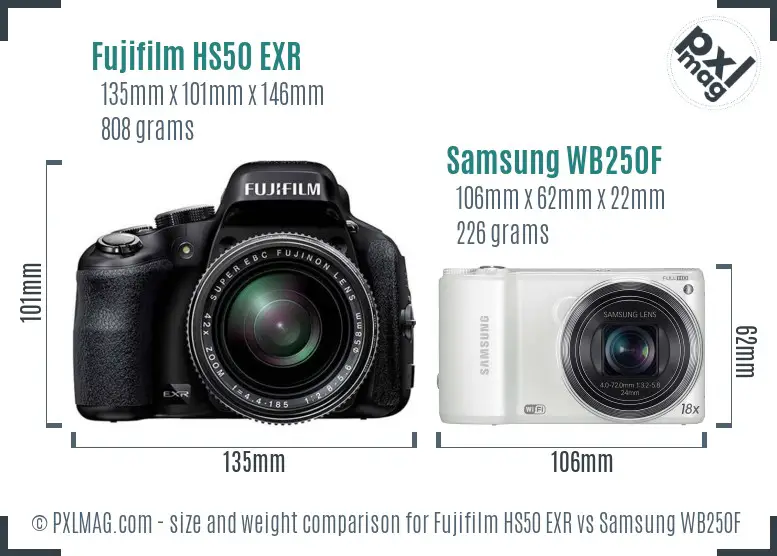 Fujifilm HS50 EXR vs Samsung WB250F size comparison