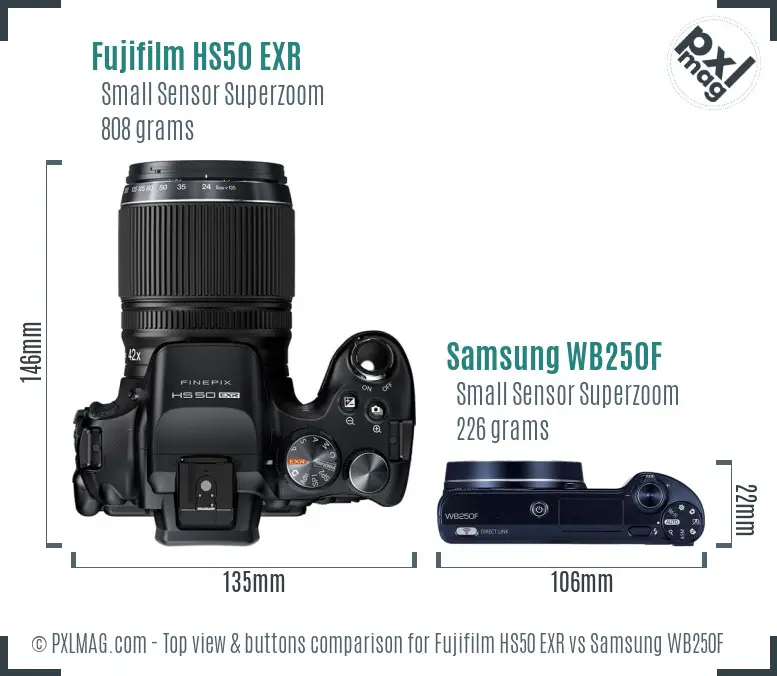Fujifilm HS50 EXR vs Samsung WB250F top view buttons comparison