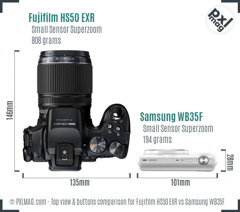 Fujifilm HS50 EXR vs Samsung WB35F top view buttons comparison