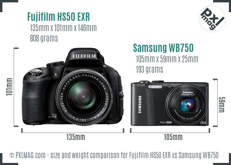 Fujifilm HS50 EXR vs Samsung WB750 size comparison