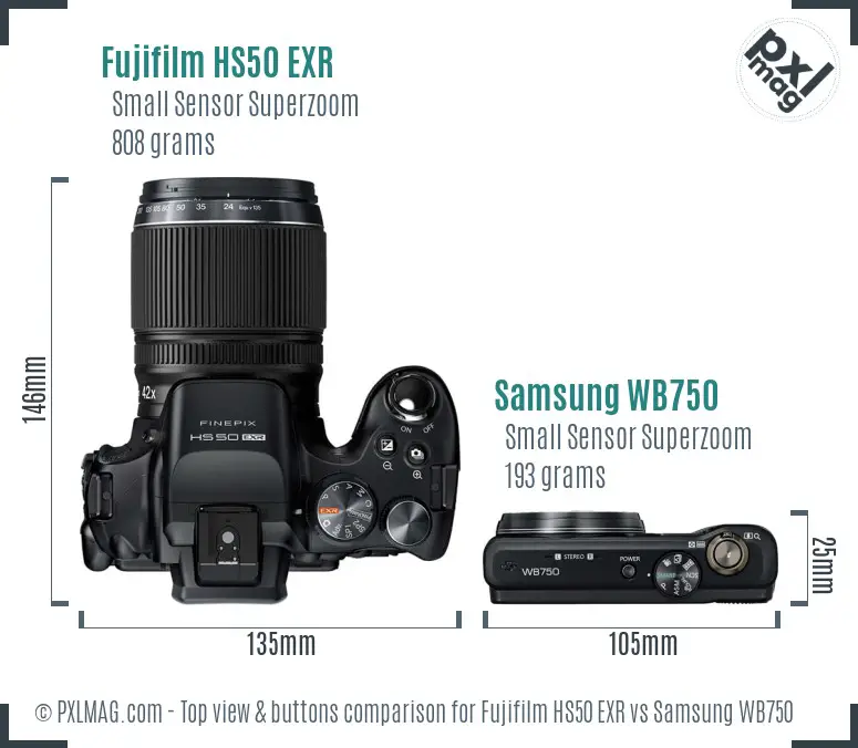 Fujifilm HS50 EXR vs Samsung WB750 top view buttons comparison