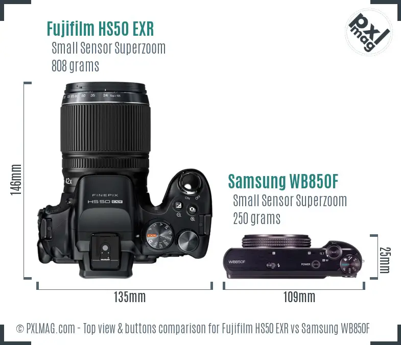 Fujifilm HS50 EXR vs Samsung WB850F top view buttons comparison