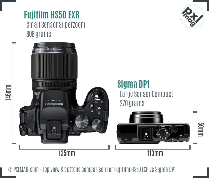 Fujifilm HS50 EXR vs Sigma DP1 top view buttons comparison Fujifilm HS50 EXR vs Sigma DP1 top view buttons comparison