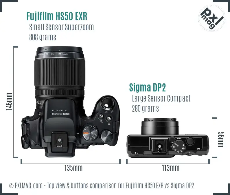 Fujifilm HS50 EXR vs Sigma DP2 top view buttons comparison