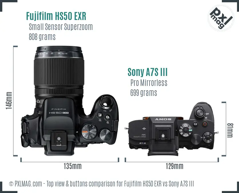 Fujifilm HS50 EXR vs Sony A7S III top view buttons comparison