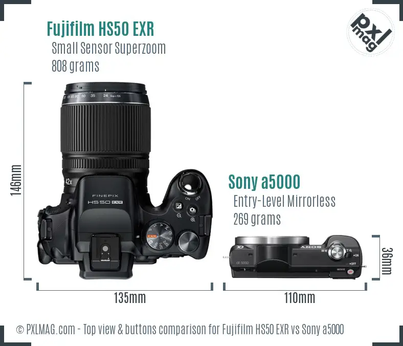 Fujifilm HS50 EXR vs Sony a5000 top view buttons comparison