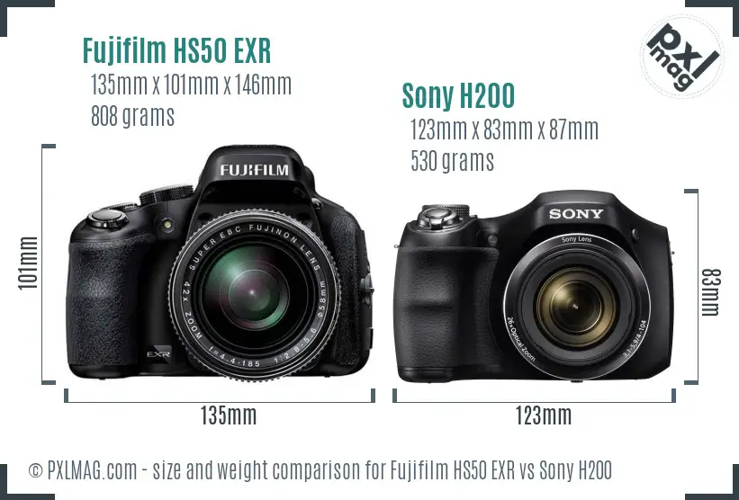 Fujifilm HS50 EXR vs Sony H200 size comparison