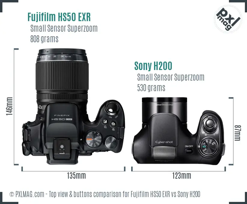 Fujifilm HS50 EXR vs Sony H200 top view buttons comparison