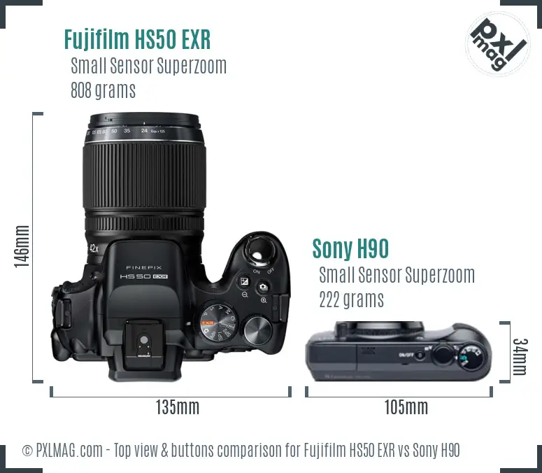 Fujifilm HS50 EXR vs Sony H90 top view buttons comparison