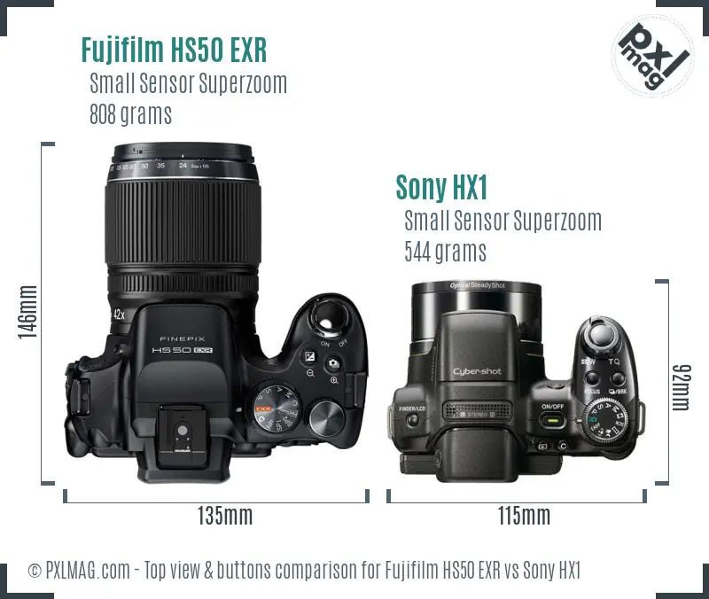 Fujifilm HS50 EXR vs Sony HX1 top view buttons comparison