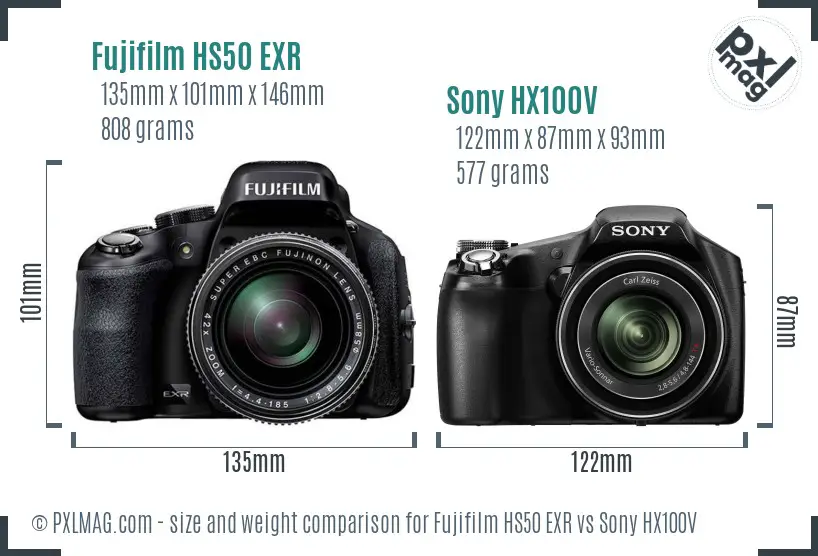 Fujifilm HS50 EXR vs Sony HX100V size comparison