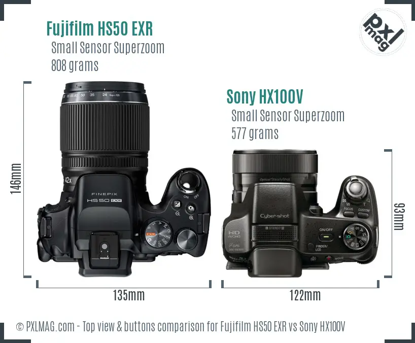 Fujifilm HS50 EXR vs Sony HX100V top view buttons comparison
