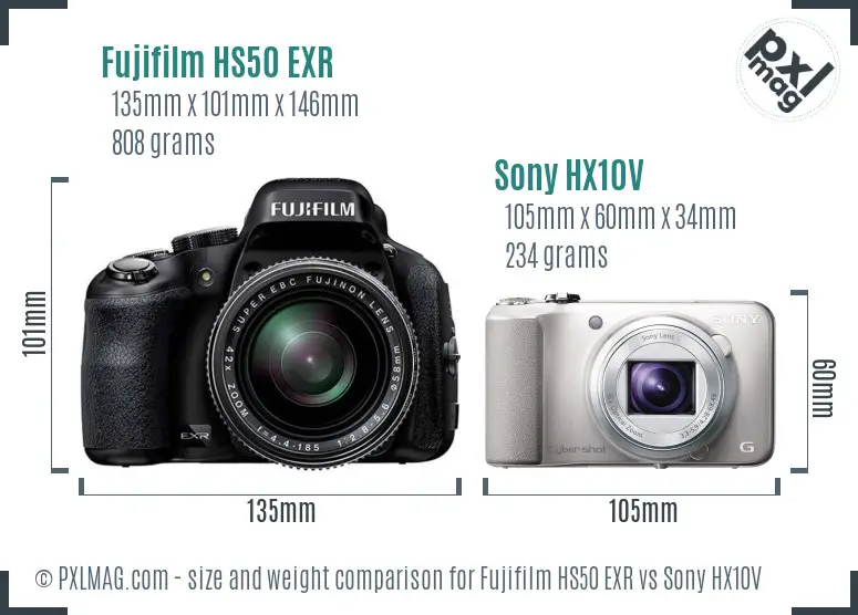 Fujifilm HS50 EXR vs Sony HX10V size comparison