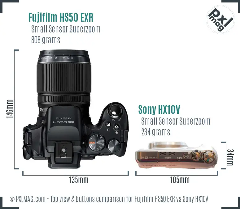 Fujifilm HS50 EXR vs Sony HX10V top view buttons comparison