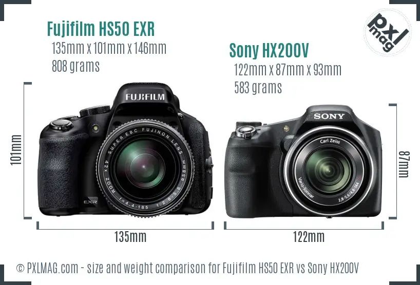 Fujifilm HS50 EXR vs Sony HX200V size comparison