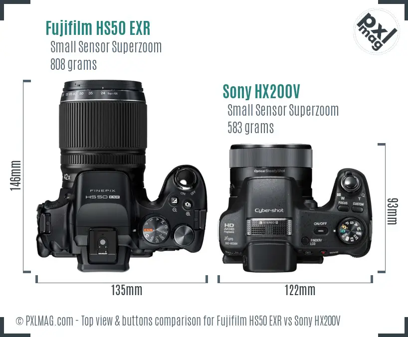 Fujifilm HS50 EXR vs Sony HX200V top view buttons comparison