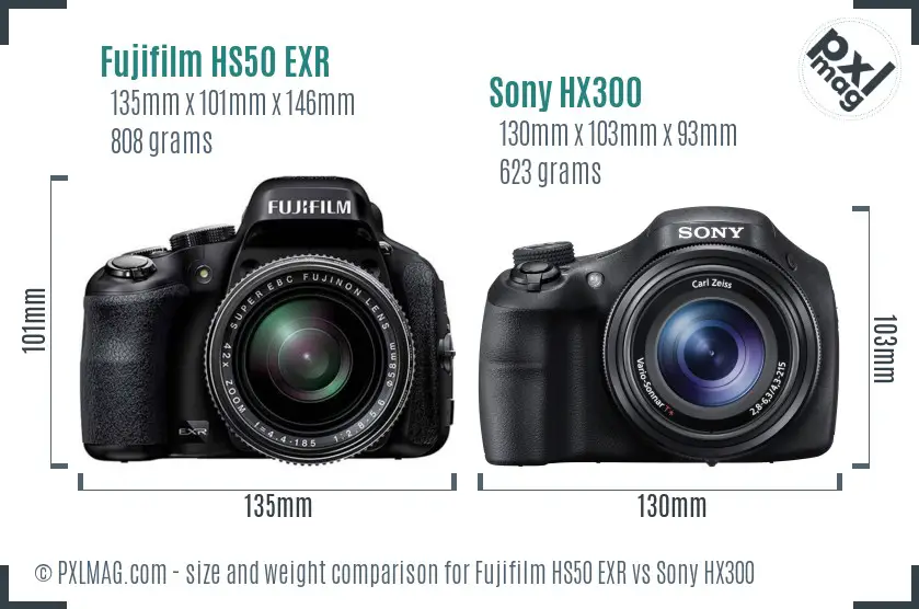 Fujifilm HS50 EXR vs Sony HX300 size comparison