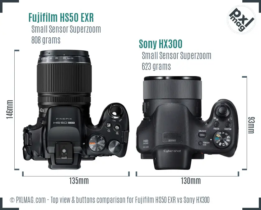 Fujifilm HS50 EXR vs Sony HX300 top view buttons comparison