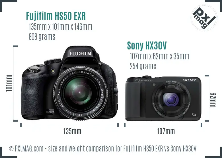 Fujifilm HS50 EXR vs Sony HX30V size comparison