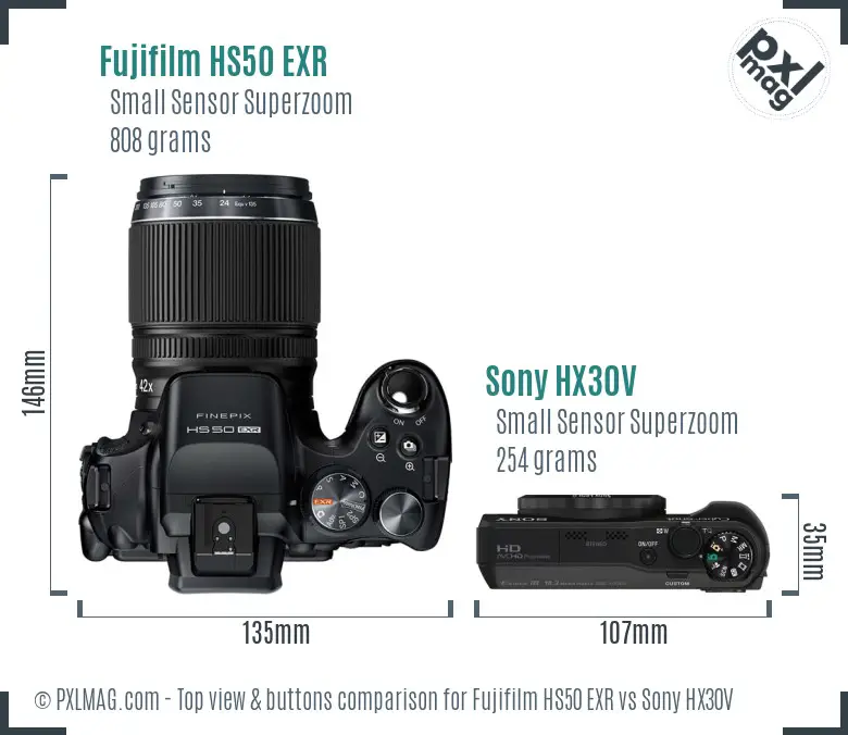 Fujifilm HS50 EXR vs Sony HX30V top view buttons comparison