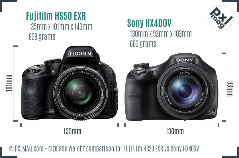 Fujifilm HS50 EXR vs Sony HX400V size comparison