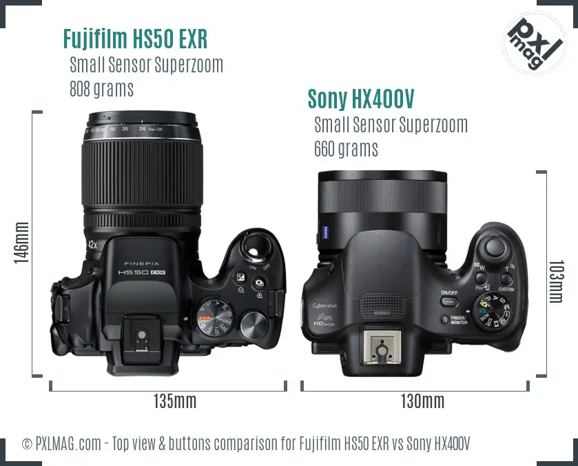 Fujifilm HS50 EXR vs Sony HX400V top view buttons comparison