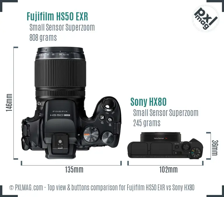 Fujifilm HS50 EXR vs Sony HX80 top view buttons comparison