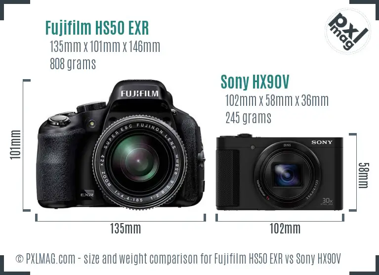 Fujifilm HS50 EXR vs Sony HX90V size comparison