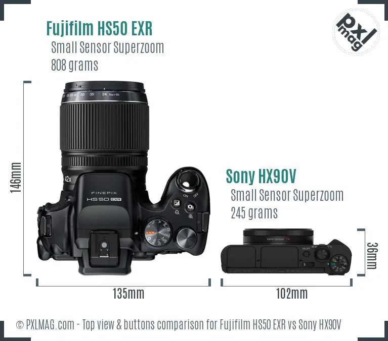 Fujifilm HS50 EXR vs Sony HX90V top view buttons comparison