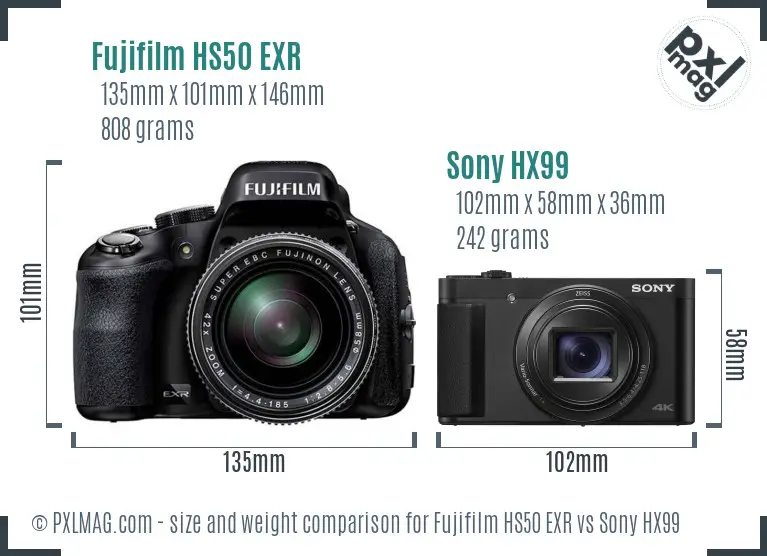 Fujifilm HS50 EXR vs Sony HX99 size comparison