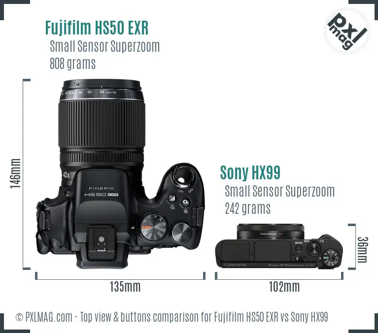 Fujifilm HS50 EXR vs Sony HX99 top view buttons comparison