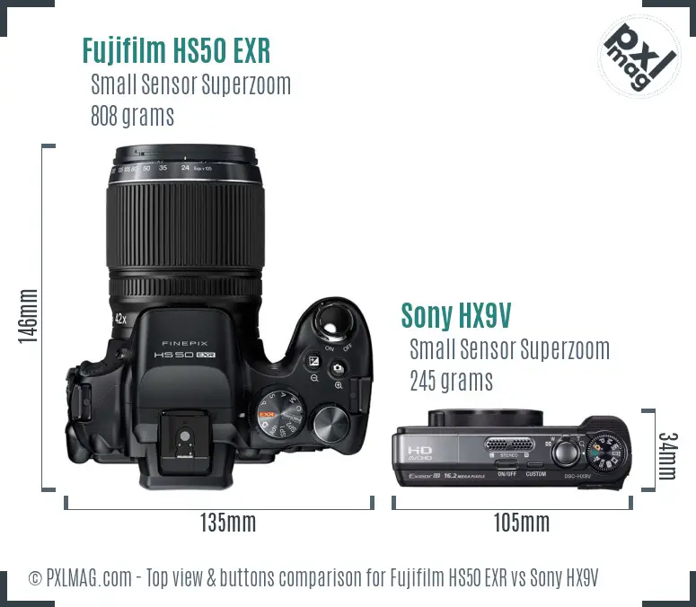 Fujifilm HS50 EXR vs Sony HX9V top view buttons comparison