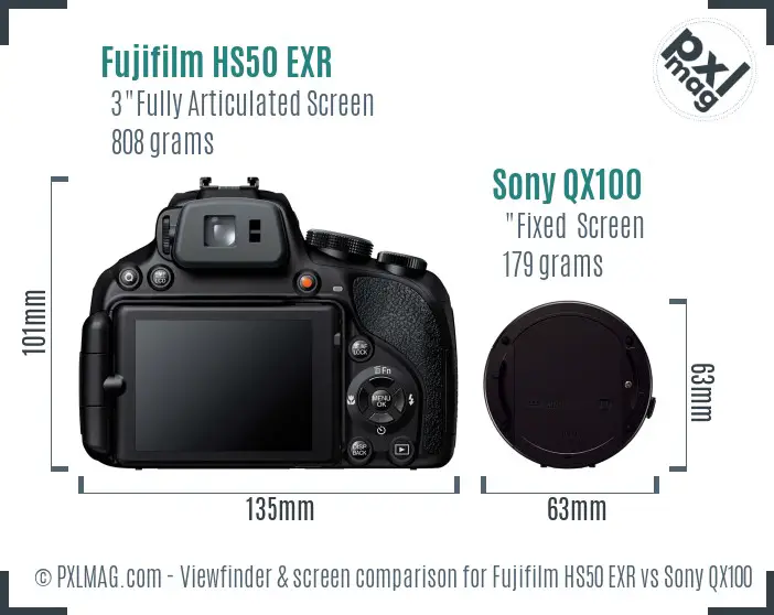 Fujifilm HS50 EXR vs Sony QX100 Screen and Viewfinder comparison