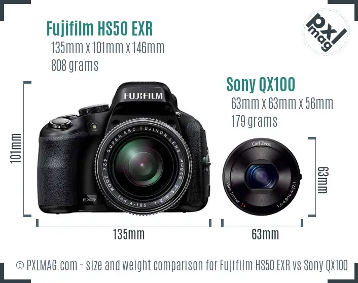 Fujifilm HS50 EXR vs Sony QX100 size comparison