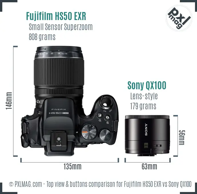 Fujifilm HS50 EXR vs Sony QX100 top view buttons comparison