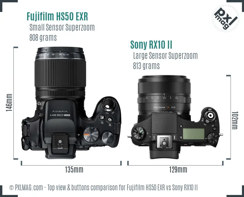 Fujifilm HS50 EXR vs Sony RX10 II top view buttons comparison