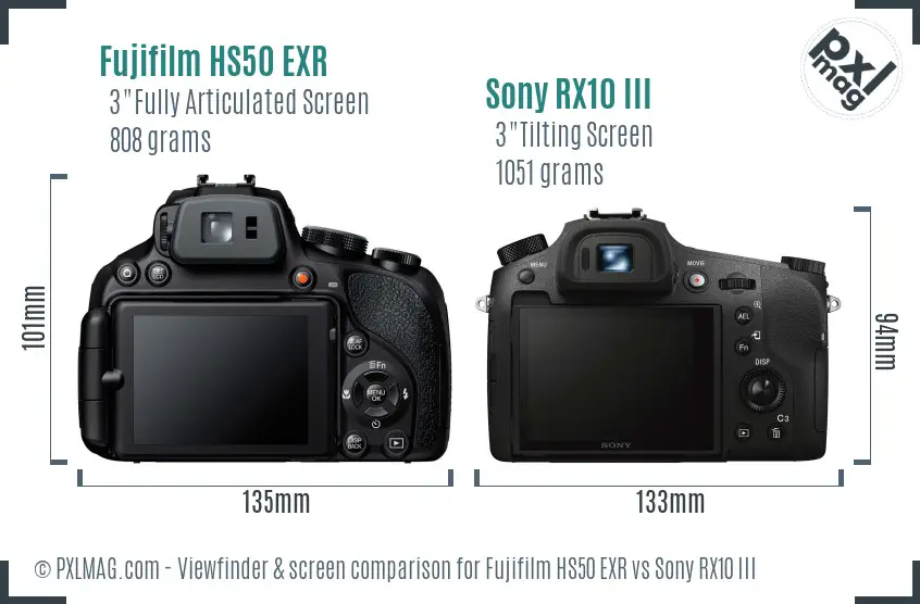 Fujifilm HS50 EXR vs Sony RX10 III Screen and Viewfinder comparison