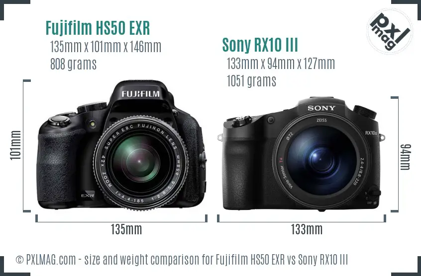 Fujifilm HS50 EXR vs Sony RX10 III size comparison