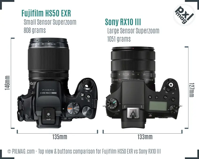 Fujifilm HS50 EXR vs Sony RX10 III top view buttons comparison