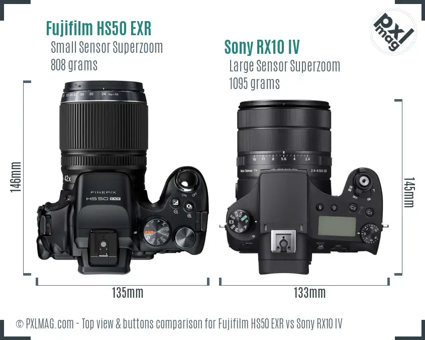 Fujifilm HS50 EXR vs Sony RX10 IV top view buttons comparison Fujifilm HS50 EXR vs Sony RX10 IV top view buttons comparison