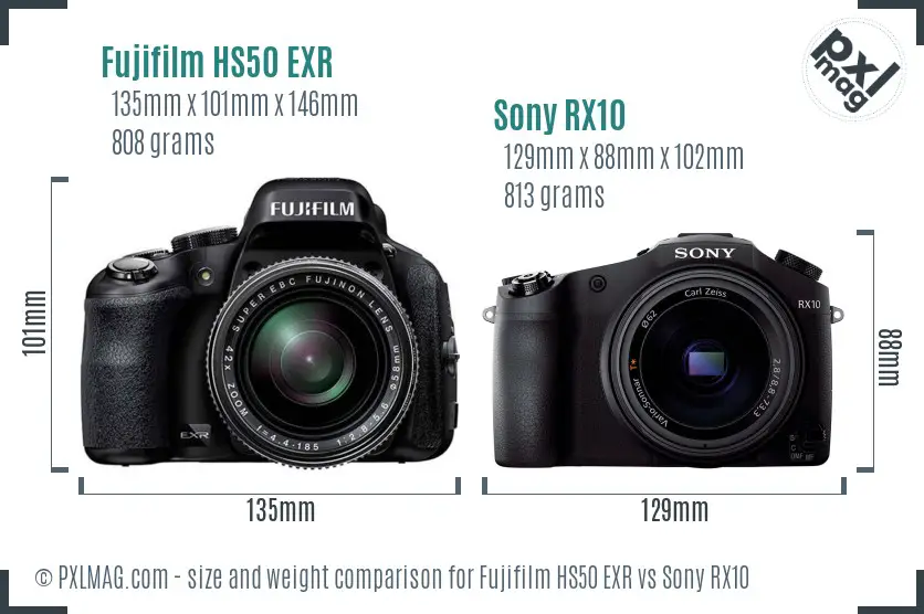 Fujifilm HS50 EXR vs Sony RX10 size comparison