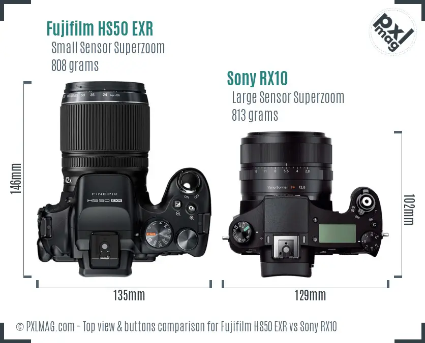 Fujifilm HS50 EXR vs Sony RX10 top view buttons comparison