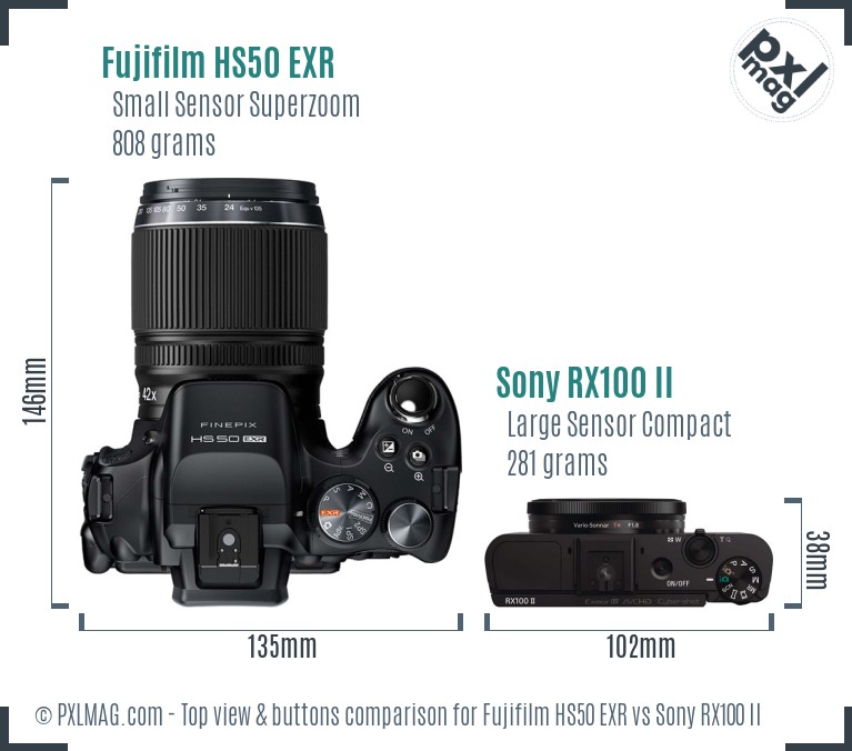 Fujifilm HS50 EXR vs Sony RX100 II top view buttons comparison