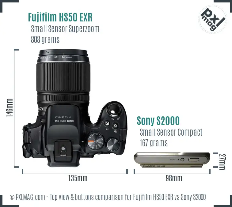Fujifilm HS50 EXR vs Sony S2000 top view buttons comparison